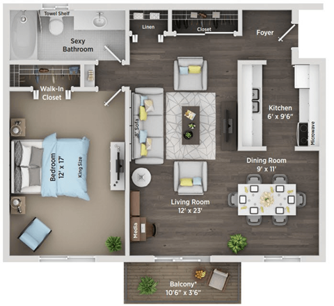 Floor plan for 1 bed, 1 bath, 750 sqft